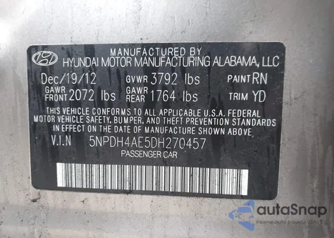 2013 Hyundai Elantra Gls from USA, damaged, VIN 5NPDH4AE5DH270457